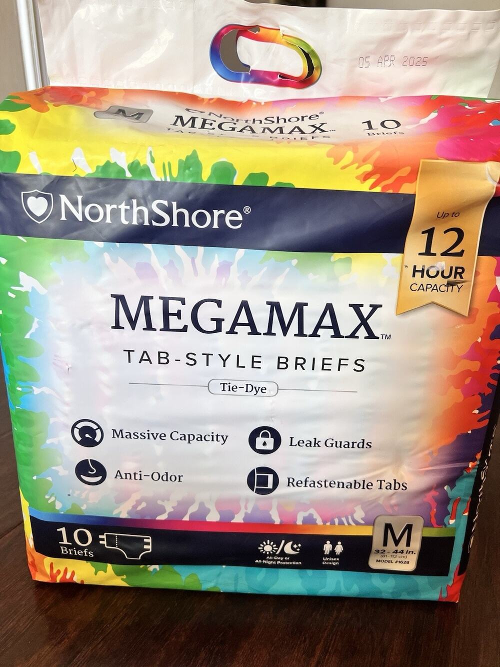 NorthShore MEGAMAX TAB-STYLE BRIEFS Tie-Dye 10 Adult Diapers Sz M 32-44in 12 Hrs